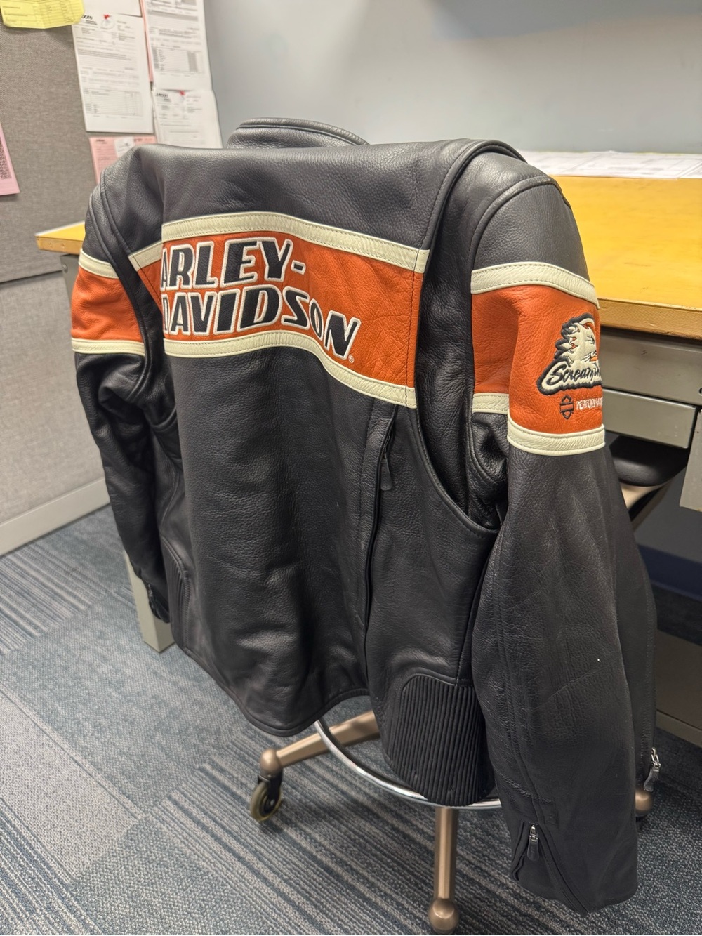Harley-Davidson Black Leather Jacket with Orange and Cream Stripes size medium